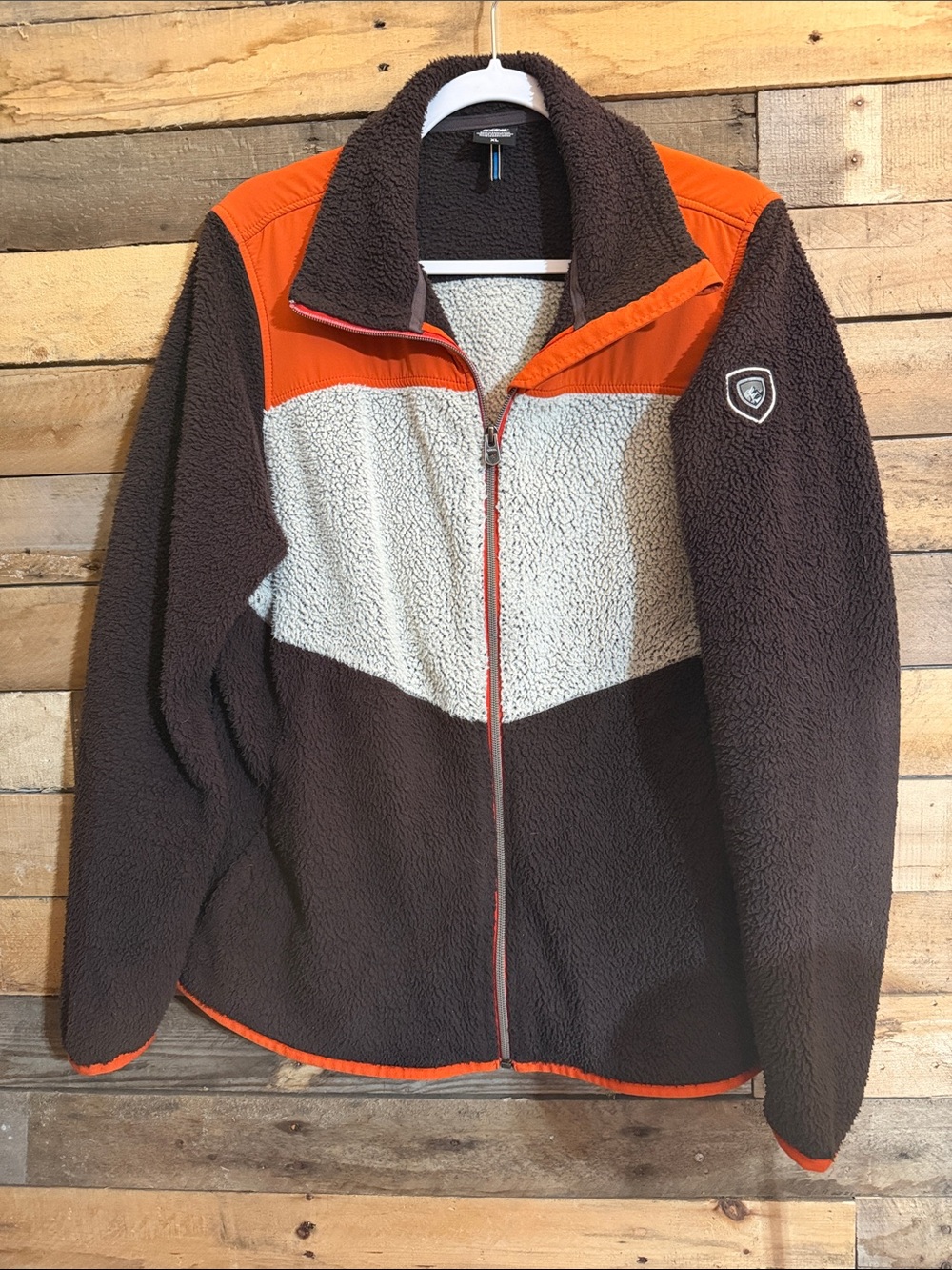 Kuhl Colorblock Sherpa Fleece Jacket in Orange, Brown, Cream